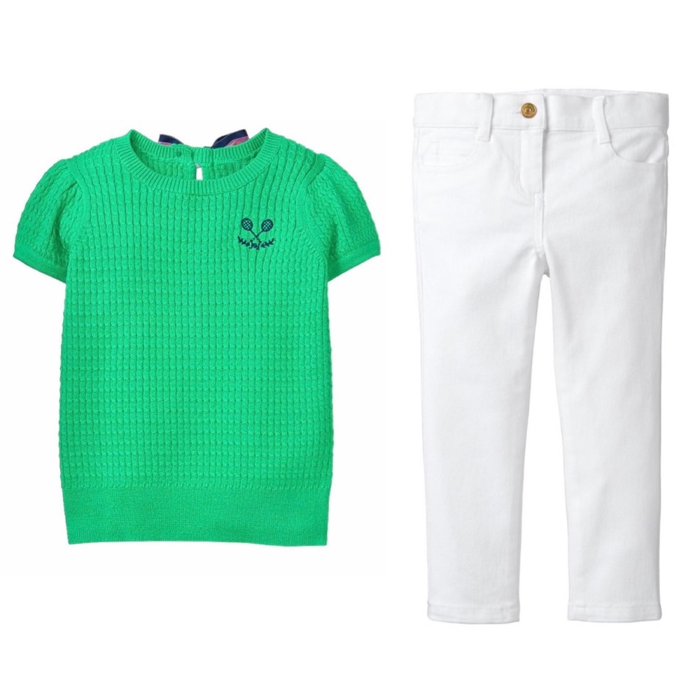 JANIE AND JACK Embroidered Sweater & Twill Jean 2T Green Navy White Knit Denim